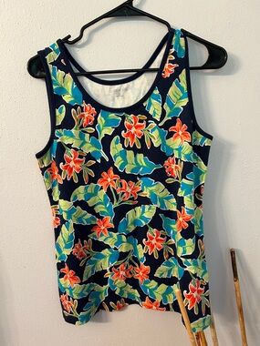 Lands' End Navy Tropical Floral Tank Top with Green Leaves and Orange Flowers